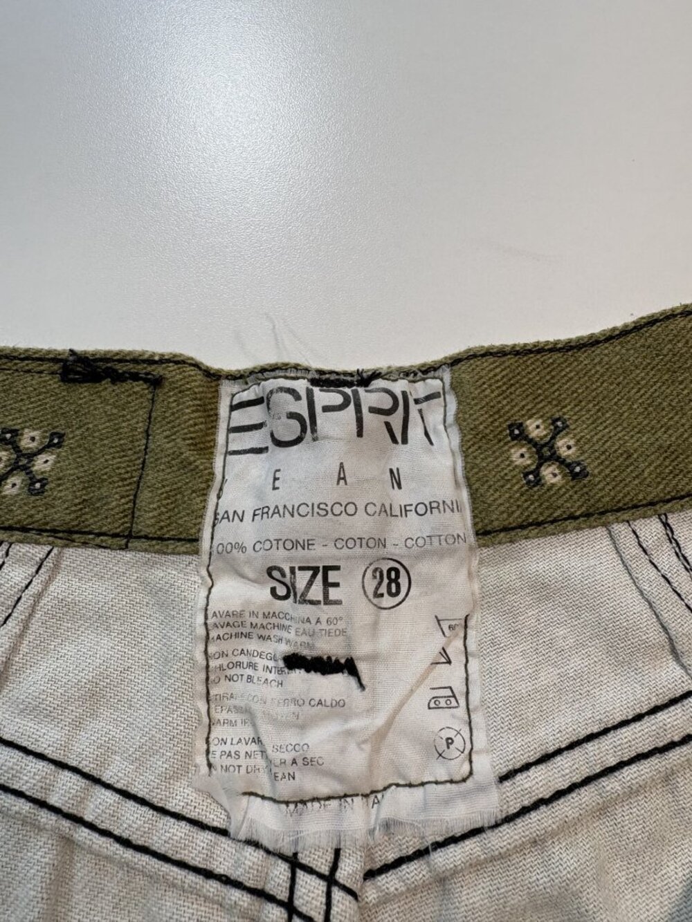 Esprit Olive Green Bandana Paisley Print Denim Shorts Size 28 High Rise Frayed - Picture 5 of 9